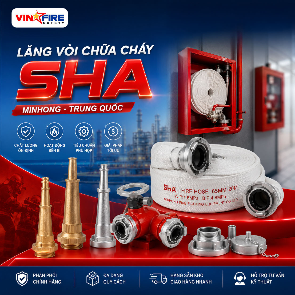 VinaFire phân phối lăng vòi chữa cháy SHA (Minhong – Trung Quốc) chính hãng, chất lượng ổn định
